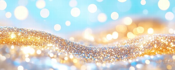 Wall Mural - Shimmering golden and blue glitter on a soft background with bokeh lights.