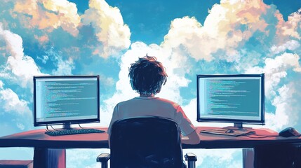Programmer working at desk with two monitors displaying code, viewed from behind, against a dreamy sky background.