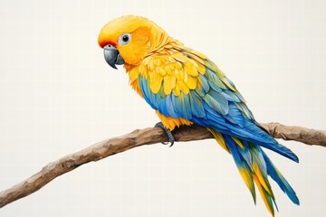 Poster - Brightly colored parrot illustrated on a branch with ample space for text and design elements in a vibrant composition. Generative AI