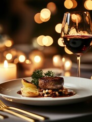 Poster - Luxurious dining experience featuring gourmet dish with fine wine at elegant table setting in intimate atmosphere. Generative AI