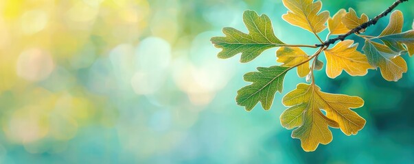 Poster - Oak tree abstract background idea. A vibrant oak leaf branch with soft bokeh background, showcasing nature's beauty.