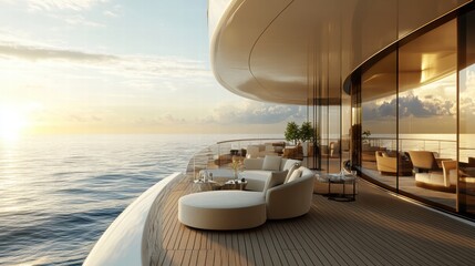 Poster - Luxury yacht deck featuring elegant furniture with ocean view at sunset for a tranquil getaway experience. Generative AI