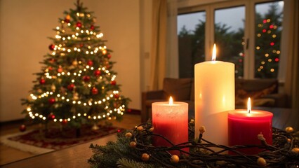 Wall Mural - Burning candles on the background of a Christmas tree in a cozy living room.