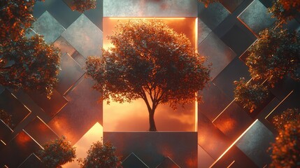 Poster - Mahogany tree abstract background idea. A vibrant tree framed by geometric patterns and warm light, showcasing nature's beauty.