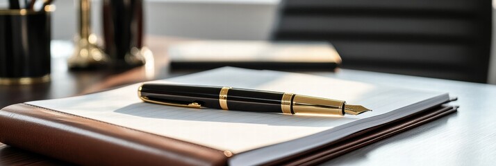 Aufkleber - Luxury fountain pen with gold accents rests elegantly on a leather bound notebook in a modern office setting. Generative AI