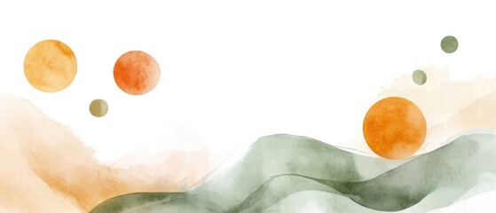 Wall Mural - Abstract watercolor landscape with soft waves and colorful spheres, white isolated background.