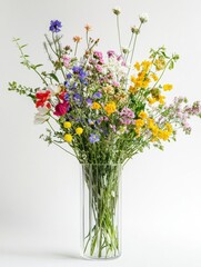 Poster - Colorful wildflowers arranged in a clear glass vase on a white backdrop with copy space for text mock up. Generative AI