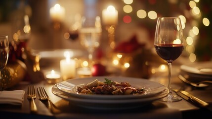 Poster - Luxurious dining table set with gourmet dish and elegant decor in warm candlelight ambiance for a special occasion. Generative AI