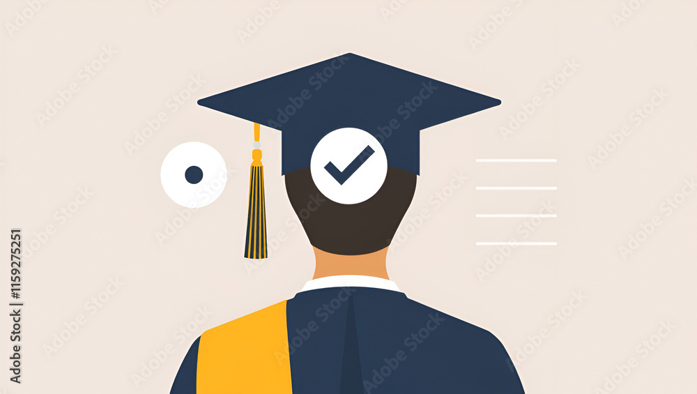 Graduate wearing cap and gown with two circles, a dot, a checkmark, and ...