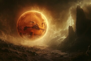 Canvas Print - a bright red planet at sunset on a rocky terrain