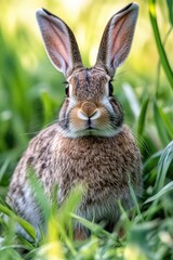 Wall Mural - A rabbit sitting in tall grass, great for outdoor or nature-themed projects