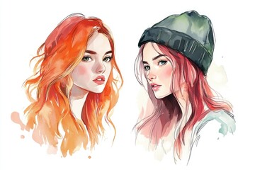 Wall Mural - Two women with vibrant red hair and matching black hats, looking stylish and confident