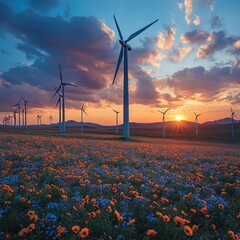 Wall Mural - A picturesque scene of a field of flowers with wind turbines visible in the distance