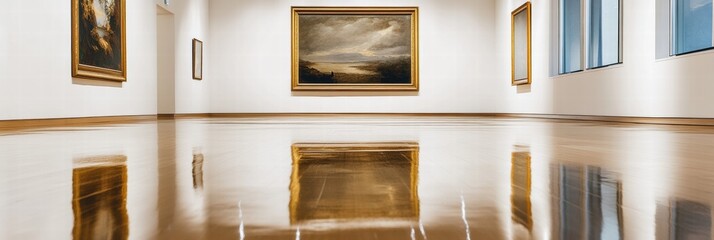 Poster - Luxurious art gallery showcasing classic paintings with polished wooden floors and large windows for natural light. Generative AI