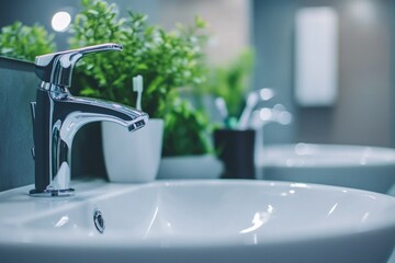 Sticker - A close-up of a white sink sitting under a faucet in a bathroom setting