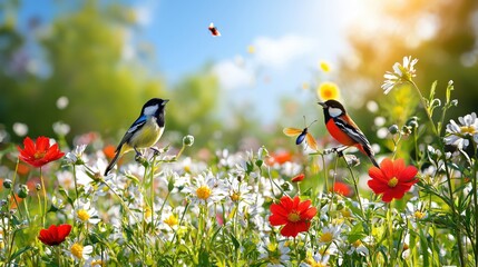 two colorful birds on a vibrant flower meadow in bright spring landscape