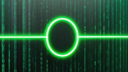 Futuristic digital background featuring glowing green binary code, abstract patterns, and a central circular line, ideal for technology concepts