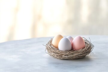 small woven nest containing three pastel-colored eggs resting on clean white surface