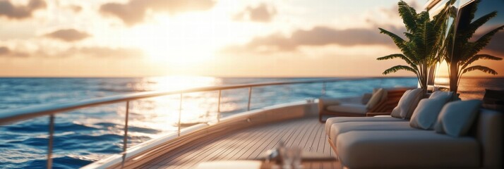 Poster - Luxury yacht deck showcasing elegant furniture with ocean view at sunset. Generative AI
