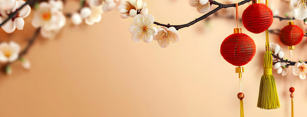 Wall Mural - Chinese lunar new year background design concept with white plum flower and festive decoration.