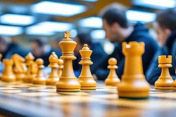 wide shot of chess game with blurred players in background chessboard in focus