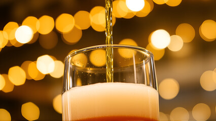 Close up of beer being poured into glass with bokeh lights in background