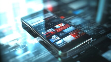 Fototapete - News feed on smartphone displaying various updates from a social media platform in a modern environment. Generative AI