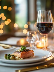 Poster - Luxurious dining experience featuring gourmet dish of salmon paired with fine wine in an elegant setting with warm lighting. Generative AI