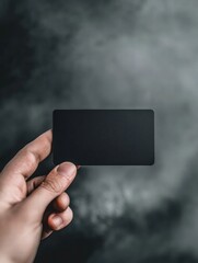 Poster - Hand holding a sleek black gift card with space for customization in a minimalist setting. Generative AI