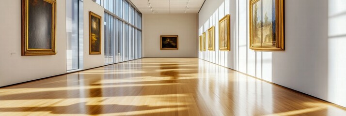 Poster - Luxurious art gallery showcases natural light illuminating beautiful paintings and modern architecture. Generative AI