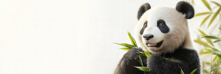 Poster - Panda enjoys fresh bamboo in a serene environment with ample space for text addition. Generative AI