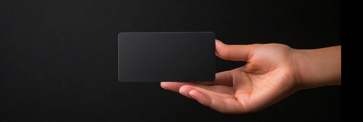 Poster - Hand holding a sleek black gift card with mock up space for text against a plain black background. Generative AI