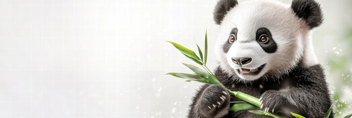 Poster - Cute panda happily holding bamboo with plenty of space for text in a bright environment. Generative AI