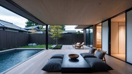 Contemporary modern interior with minimalistic design, featuring an outdoor pool and relaxing space, promoting tranquility and harmony with nature