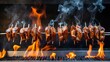 © sitifatimah - Skewers of grilled meat sizzling on a barbecue, flames and smoke create a dynamic atmosphere perfect for summer gatherings or outdoor events