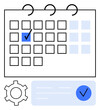 © robu_s - Calendar with highlighted blue date box, checkmark, and gear icon showing task management and planning. Ideal for scheduling, organization, project management, reminders, deadlines, time management