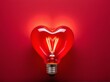 © Татьяна Кузнецова - Bright red heart-shaped light bulb on a solid red background radiates warm glow, evoking feelings of love and passion