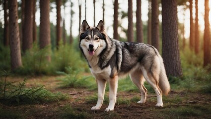  Dog standing in peaceful forest, showcasing joyful expression and natural setting  Ideal for concepts related to pets and outdoor activities