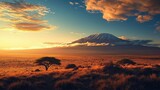 Evening light casts shadows over the dry savanna and Mount Kilimanjaro in Africa