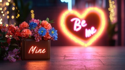 Wall Mural - Romantic Flowers and Neon Heart Light for Love and Affection