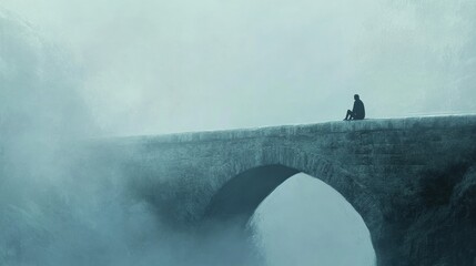 Poster - Lone figure contemplates life while sitting on the edge of a foggy bridge during a misty day. Generative AI
