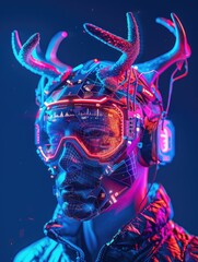 Canvas Print - Man with antlers on his head and goggles on his face. The man is wearing a jacket and has a helmet on his head. The image has a futuristic and sci-fi vibe to it