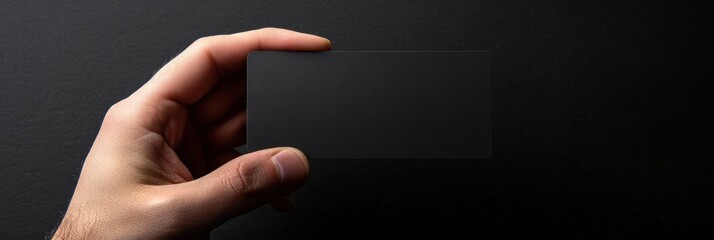 Poster - Sleek black gift card held by hand against a dark background with space for custom text or design. Generative AI