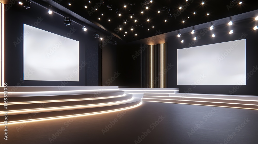 Modern exhibition space with a stage, white screens, steps, and a dark ...