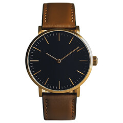 Wall Mural - Minimalist gold wristwatch with black face and leather strap on a transparent background, exuding elegance.
