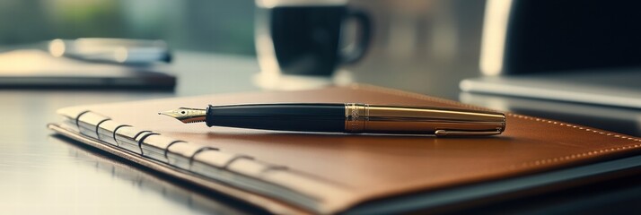 Aufkleber - Luxury fountain pen with gold accents resting on a leather notebook in a stylish workspace during daylight. Generative AI