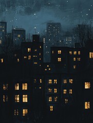 Aufkleber - Dark cityscape at night with illuminated windows revealing life within buildings. Generative AI
