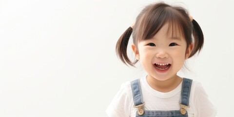 Wall Mural - Young girl with pigtails is smiling and laughing. She is wearing a blue shirt and a white shirt with a blue vest