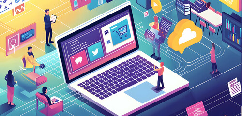 Wall Mural - a digital marketing expert uses a laptop to plan and execute targeted online advertising, enhancing 