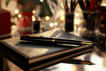 Poster - Luxury fountain pen with gold accents resting on a black notebook in a stylish office setting surrounded by elegant decor. Generative AI